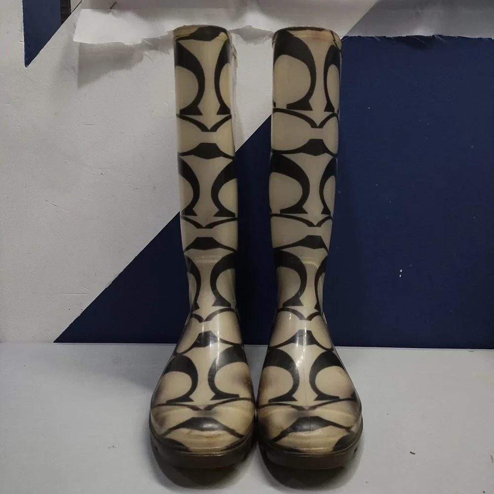 Coach Rain Boots Womens US 9 Multi Signature Logo Waterproof Mid Calf Pull On